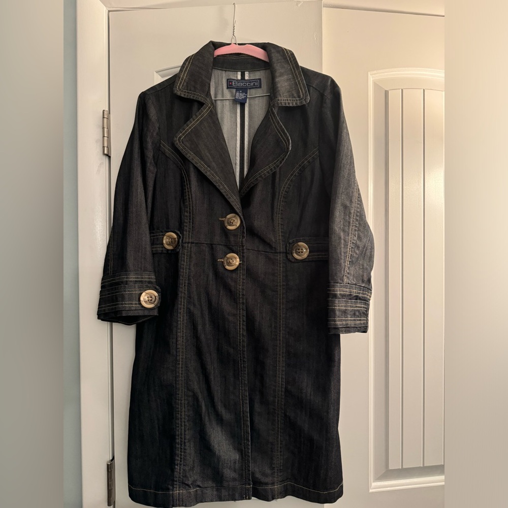 Baccini women long Jean jacket dark denim color…size medium